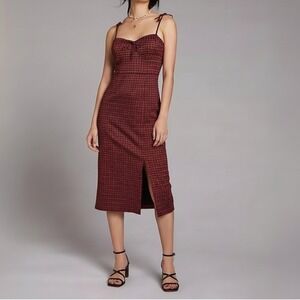 Hutch Sweetheart Bustier Neckline Midi‎ Slit Dress Plaid Red M Fitted Retro Chic